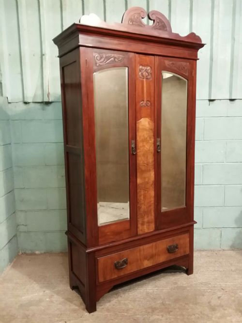 fig 1. ANTIQUE ART NOUVEAU MAHOGANY AND WALNUT DOUBLE WARDROBE C1890