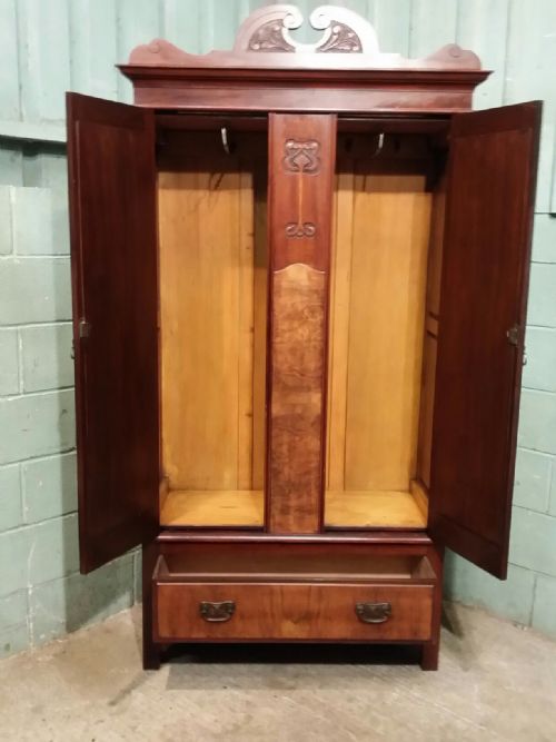 fig 2. ANTIQUE ART NOUVEAU MAHOGANY AND WALNUT DOUBLE WARDROBE C1890