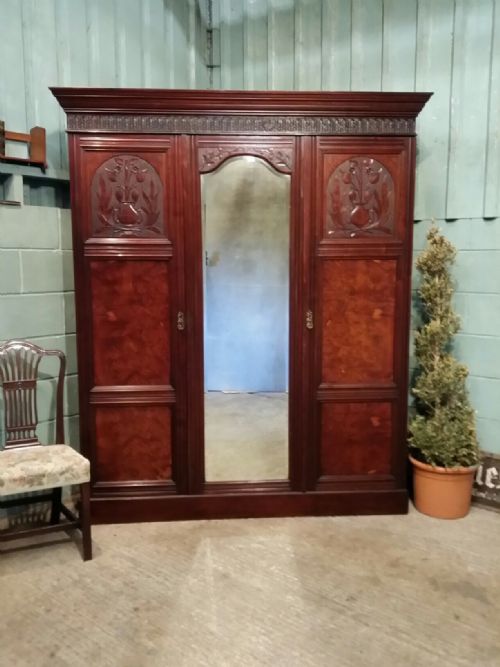 Antique Edwardian Walnut Triple Wardrobe C1900
