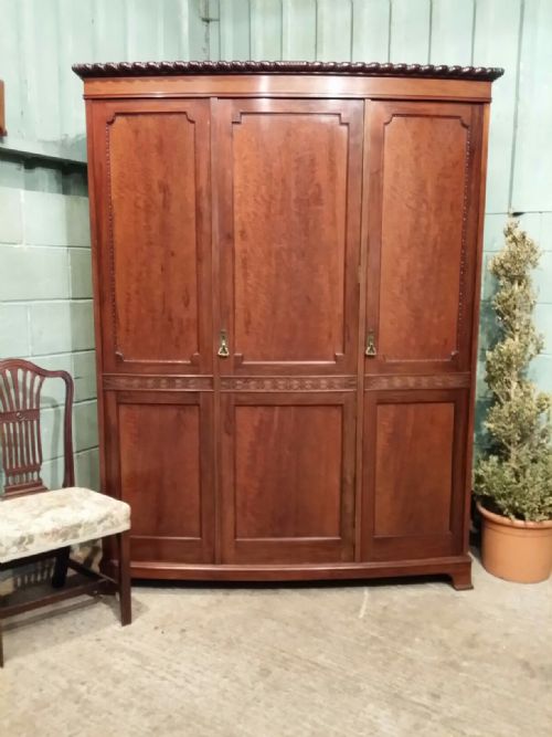 Antique Edwardian Mahogany Bow Front Triple Wardrobe C1900