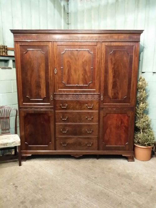 Antique Edwardian Flamed Mahogany Triple Wardrobe Compactum with Secret Drawer C1900