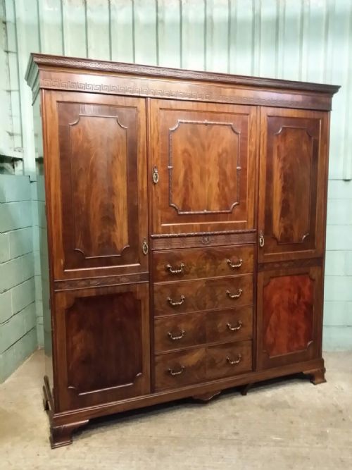 fig 1. ANTIQUE EDWARDIAN FLAMED MAHOGANY TRIPLE WARDROBE COMPACTUM with secret drawer C1900