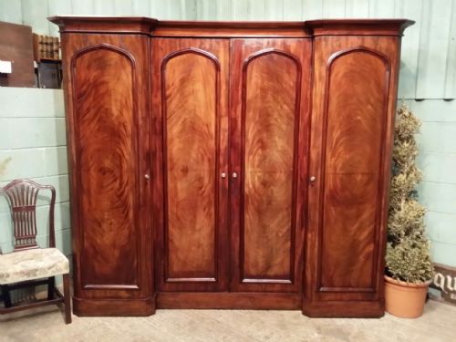 Antique Victorian Flamed Mahogany Breakfront Triple Wardrobe C1880