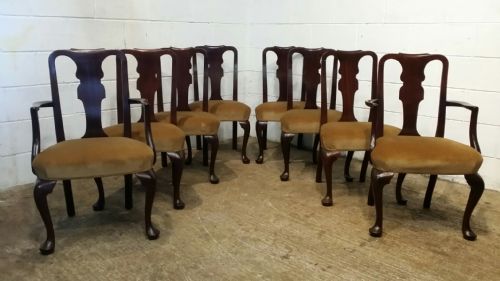 Antique Edwardian Set Eight Queen Anne Mahogany Dining Chairs C1900