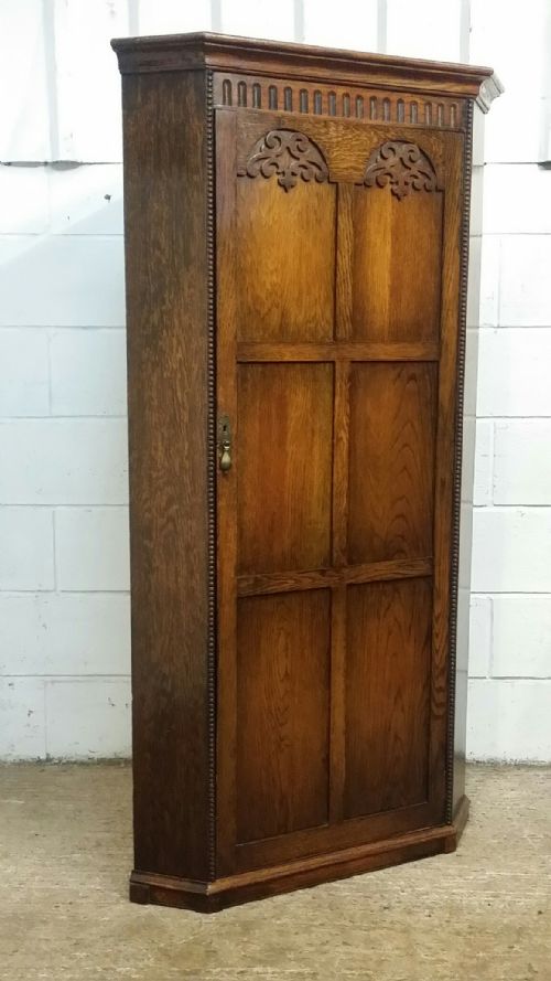 fig 1. ANTIQUE SMALL OAK CORNER HALL WARDROBE BY DENBY & SPINKS C1920