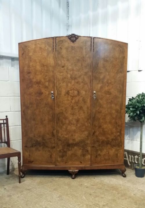 Antique Queen Anne Burr Walnut Small Triple Wardrobe C1920