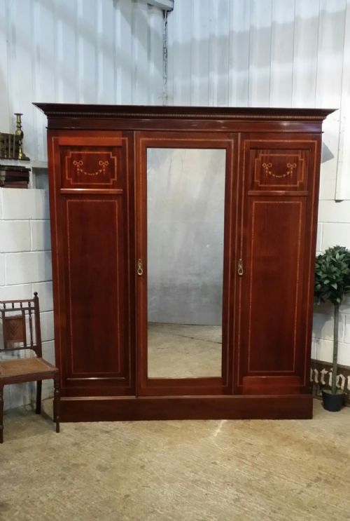 Antique Edwardian Inlaid Mahogany Triple Wardrobe C1900