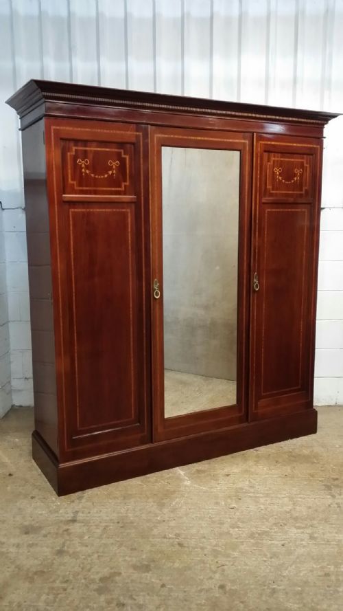 fig 1. ANTIQUE EDWARDIAN INLAID MAHOGANY TRIPLE WARDROBE C1900