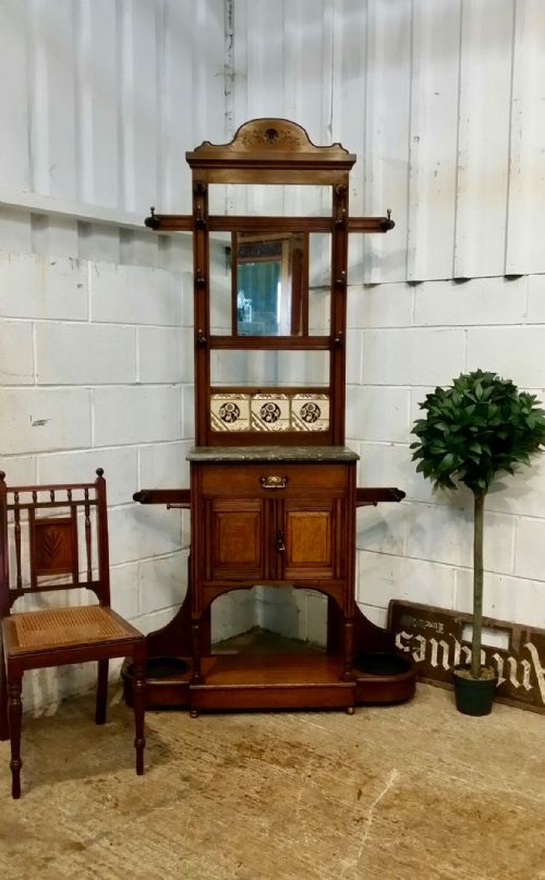 Antique Victorian Aesthetic Oak Marble Top Hall Stand C1890