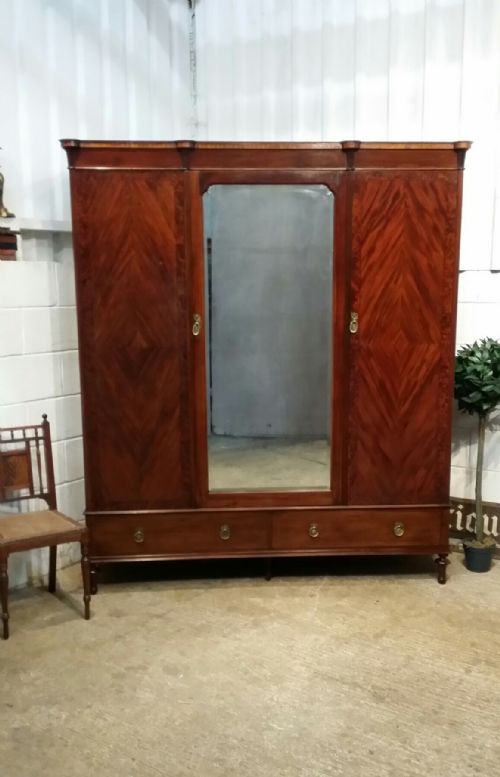 Antique Edwardian Mahogany Triple Wardrobe C1900