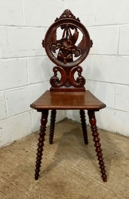 Antique 19th Century Black Forest Oak Hall Chair with Hanging Pheasant C1880