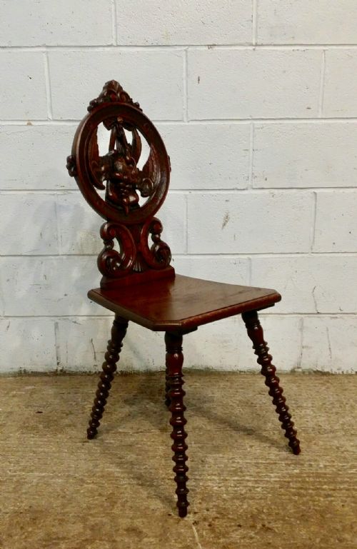 fig 1. ANTIQUE 19TH CENTURY BLACK FOREST OAK HALL CHAIR WITH HANGING PHEASANT C1880