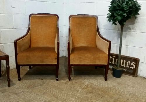Antique Pair Edwardian Mahogany Framed Armchairs C1900