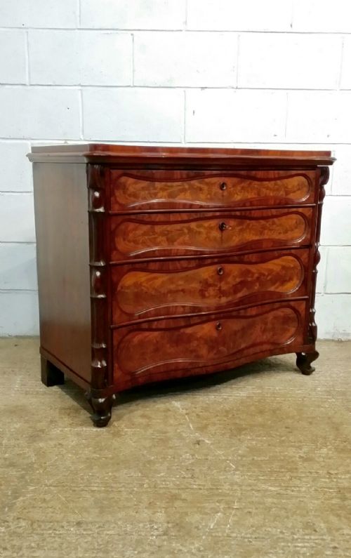 fig 1. ANTIQUE 19TH CENTURY BIEDERMEIER SERPENTINE FRONT MAHOGANY CHEST OF DRAWERS C1890