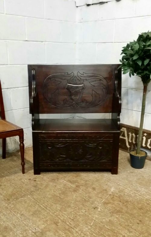 Antique Folding Carved Oak Monks Bench Box C1920