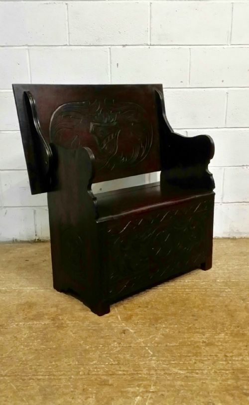 fig 1. ANTIQUE FOLDING CARVED OAK MONKS BENCH BOX C1920