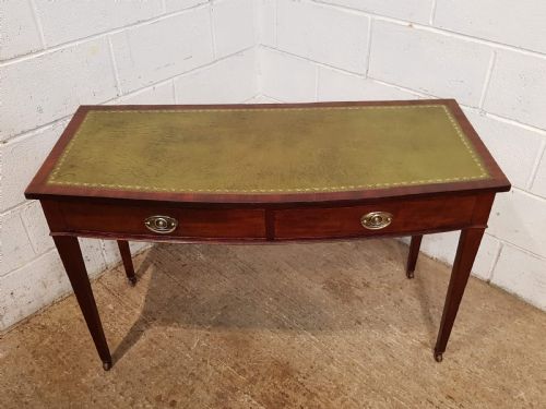 fig 2. ANTIQUE LATE VICTORIAN REGENCY STYLE MAHOGANY LEATHER TOP BOW FRONT WRITING TABLE C1890