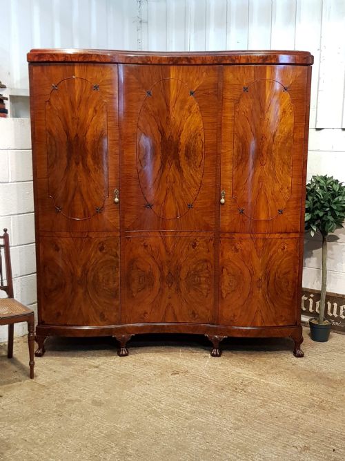 Antique Edwardian Burr Walnut Serpentine Shaped Triple Wardrobe C1900