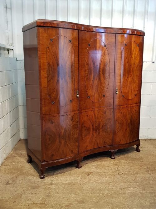 fig 2. ANTIQUE EDWARDIAN BURR WALNUT SERPENTINE SHAPED TRIPLE WARDROBE C1900