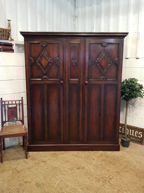 Antique Edwardian Carved Oak Double Wardrobe C1900