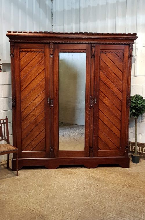 Antique Aesthetic Arts & Crafts Oak Triple Wardrobe C1860