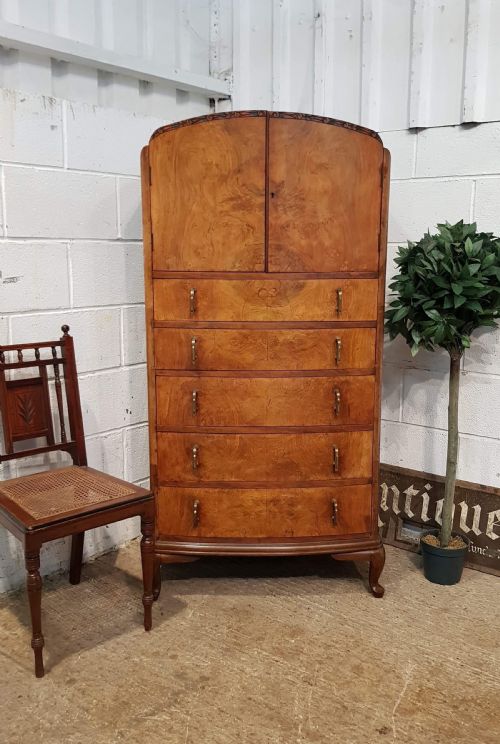 Antique Art Deco Burr Walnut Tallboy C1920.