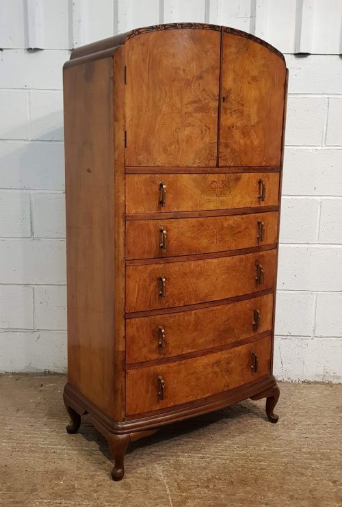 fig 1. ANTIQUE ART DECO BURR WALNUT TALLBOY C1920.