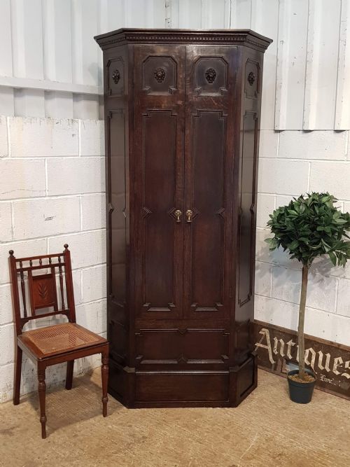 Antique Edwardian Carved Oak Hall Wardrobe with Lion Masks C1900