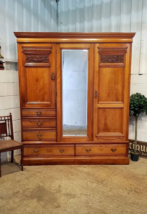 Antique Late Victorian Walnut Triple Wardrobe by Marsh Jones & Cribb C1890