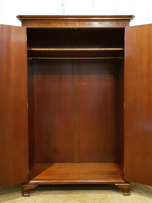 fig 1. ANTIQUE FLAMED MAHOGANY CHIPPENDALE STYLE LOW DOUBLE WARDROBE C1920