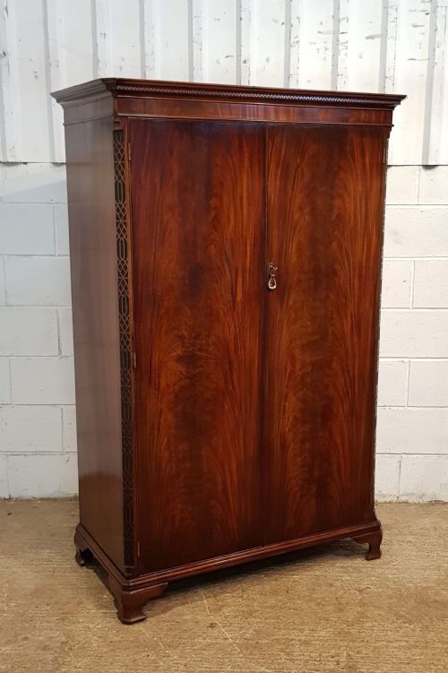 fig 2. ANTIQUE FLAMED MAHOGANY CHIPPENDALE STYLE LOW DOUBLE WARDROBE C1920