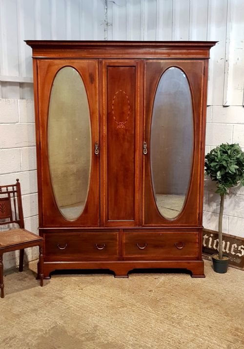 Antique Edwardian Inlaid Mahogany Double Wardrobe C1900