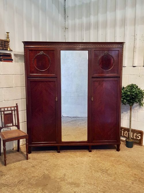 Antique Edwardian Mahogany Triple Wardrobe C1900