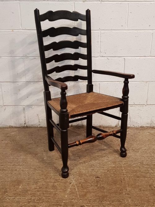 fig 1. ANTIQUE SET TEN COUNTRY OAK WAVY LADDER BACK DINING CHAIRS C1920