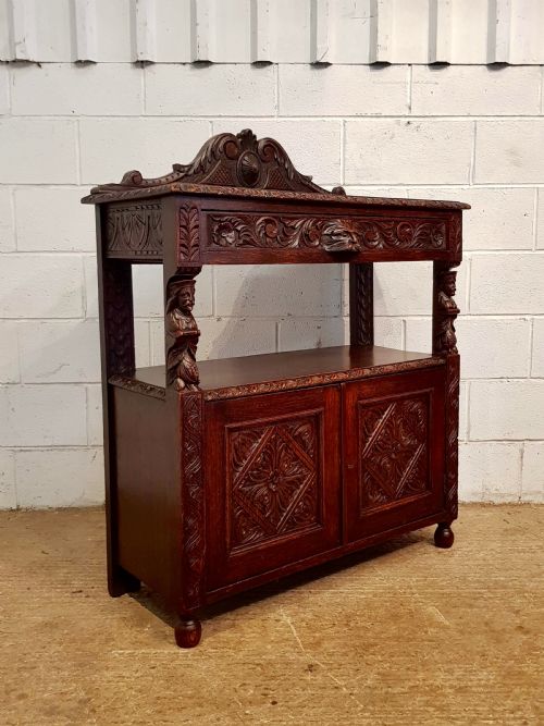 Antique Victorian Small Green Man Carved Gothic Oak Buffet Sideboard C1870