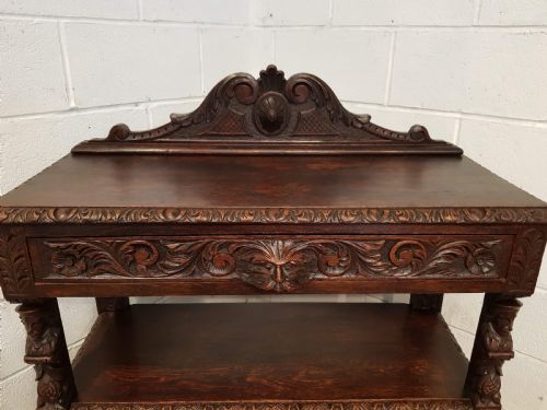 fig 1. ANTIQUE VICTORIAN SMALL GREEN MAN CARVED GOTHIC OAK BUFFET SIDEBOARD C1870