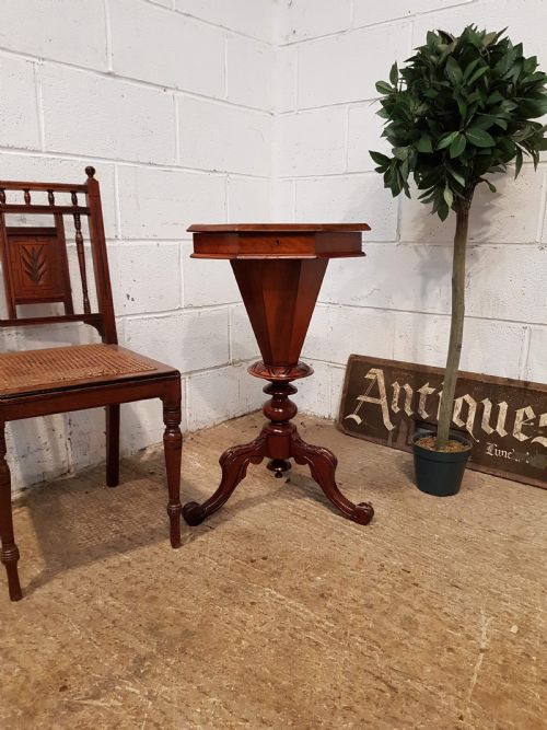 Antique Victorian Walnut Inlaid Trumpet Sewing Box Table C1870