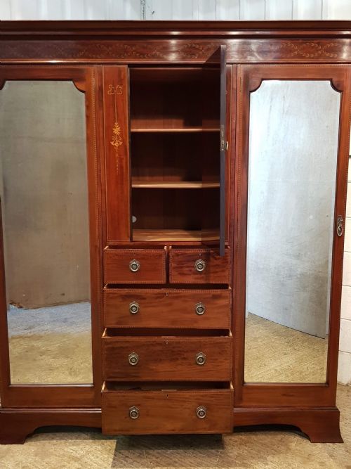 fig 1. ANTIQUE EDWARDIAN INLAID MAHOGANY TRIPLE WARDROBE COMPACTUM BY MAPLE & CO C1900
