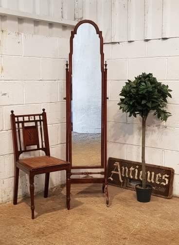 Antique Full Length Burr Walnut & Mahogany Cheval Mirror C1920
