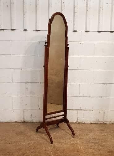 fig 2. ANTIQUE FULL LENGTH BURR WALNUT & MAHOGANY CHEVAL MIRROR C1920