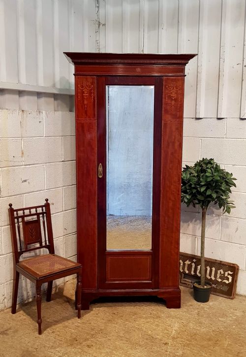 Antique Edwardian Inlaid Mahogany Single Narrow Wardrobe C1900