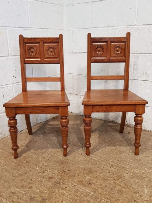 Antique Pair Golden Oak Arts & Crafts Hall Chairs C1900