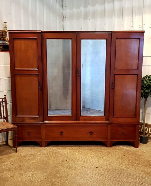 Antique Arts & Crafts Mahogany Four Door Wardrobe C1900