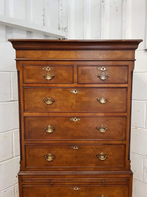 fig 1. ANTIQUE DWARF BURR WALNUT CHEST ON CHEST WITH BRUSH SLIDE C1920