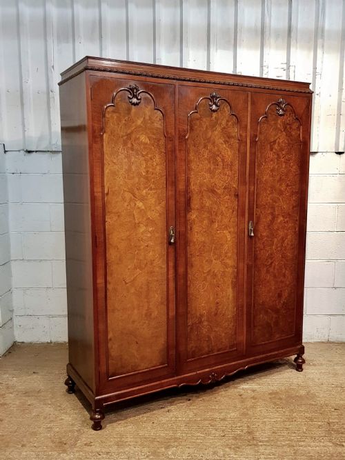 Antique Burr Walnut Queen Anne Triple Wardrobe C1920