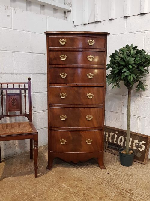 Antique Flamed Mahogany Tall Narrow Bow Front Chest of Drawers C1900