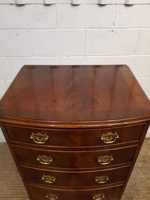 fig 1. ANTIQUE FLAMED MAHOGANY TALL NARROW BOW FRONT CHEST OF DRAWERS C1900