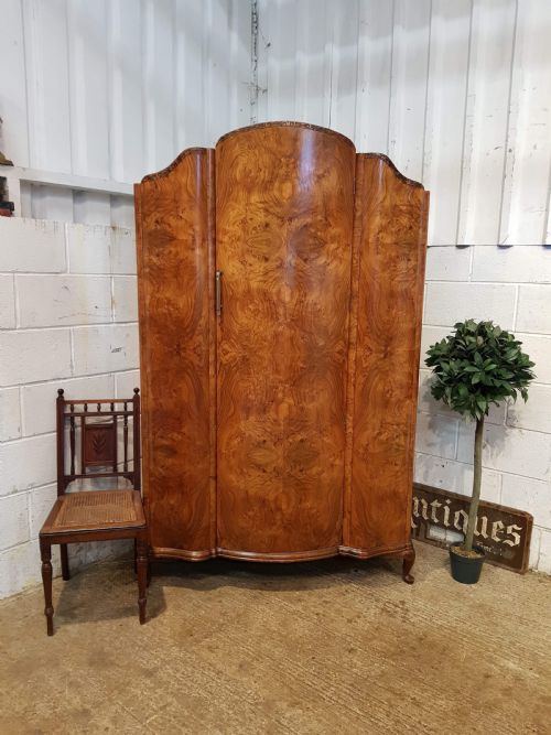 Superb Antique Art Deco Burr Walnut Serpentine Shaped Wardrobe C1920