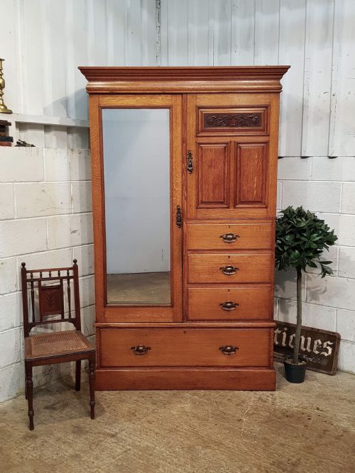 Antique Art Nouveau Oak Combination Wardrobe C1890