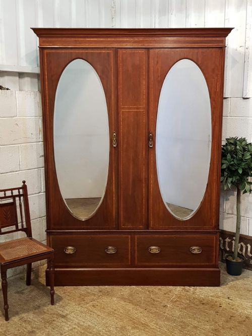 Antique Edwardian Inlaid Mahogany Double Wardrobe C1900